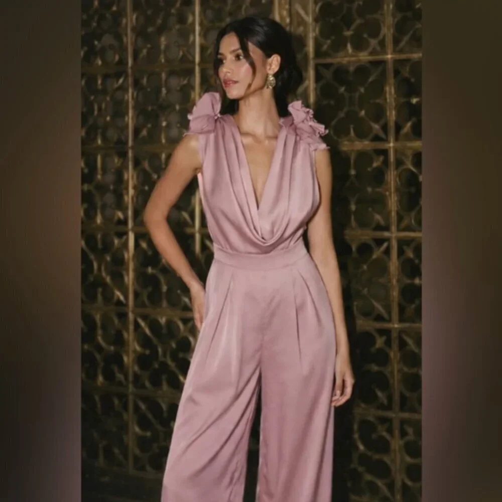 MABLE NEW Rose Jumpsuit Plunge mauve Silky Cowl Neck Sleeveless romper - M